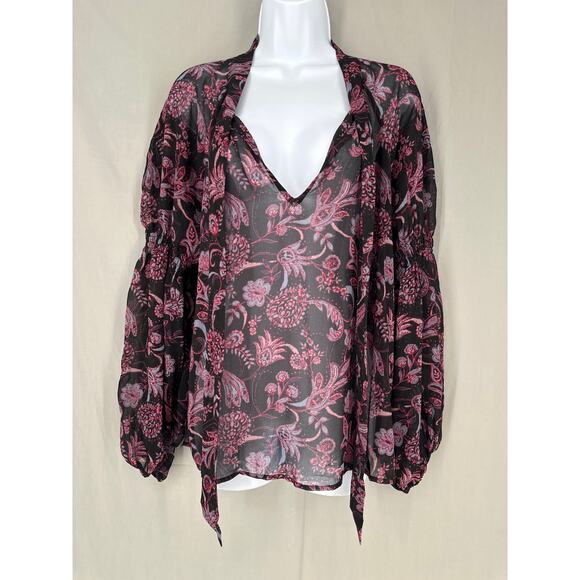 Sanctuary Top Womens Small Black Pink Floral Sheer Boho Bohemian Neck Tie - Picture 3 of 10